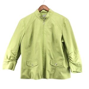 Chico’s Green Snake Skin Ruched Sleeves Zip Moto Jacket Women’s Size 3 | U.S XL